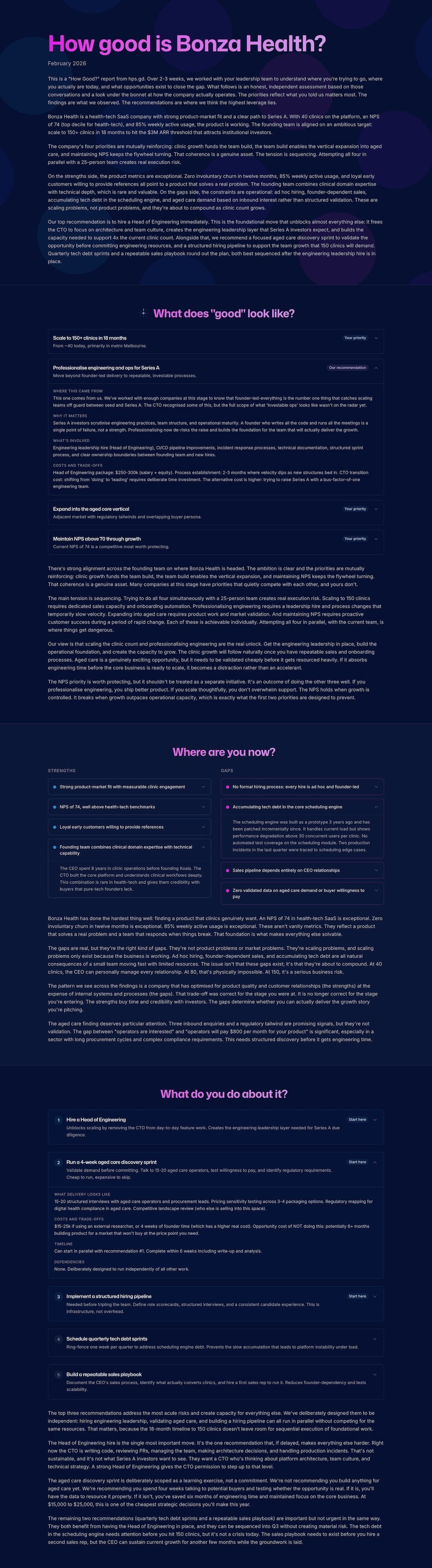 Sample "How Good?" report showing priorities, current state analysis, and recommendations