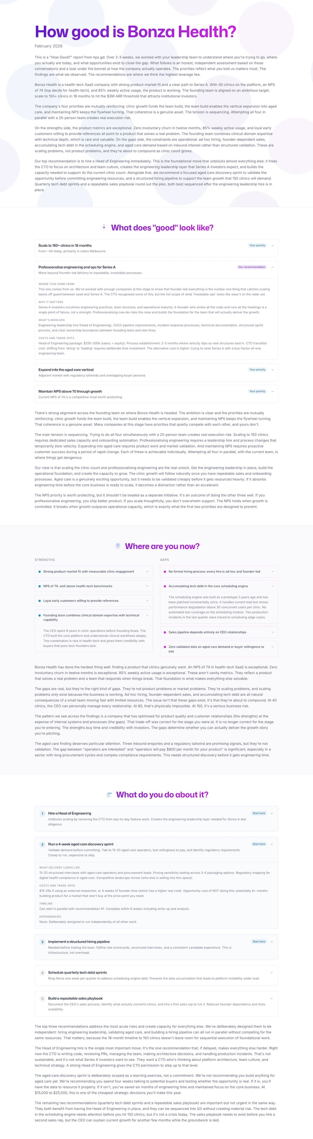 Sample "How Good?" report showing priorities, current state analysis, and recommendations